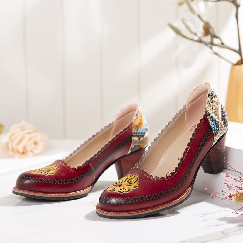 Retro Blomstrete Genuine Leather Slip On Sequin Heel Pumps