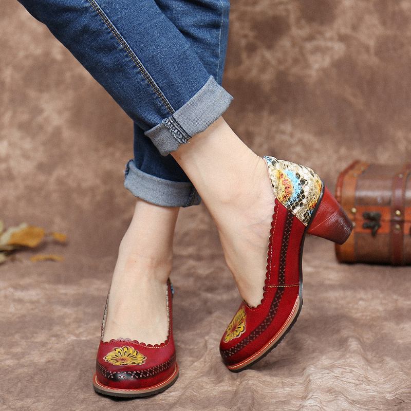 Retro Blomstrete Genuine Leather Slip On Sequin Heel Pumps