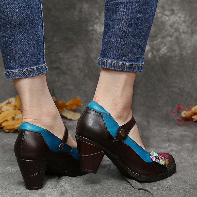 Retro Leather Blomstrete Splicing Chunky Heel Pumps Mary Jane Dress Shoes