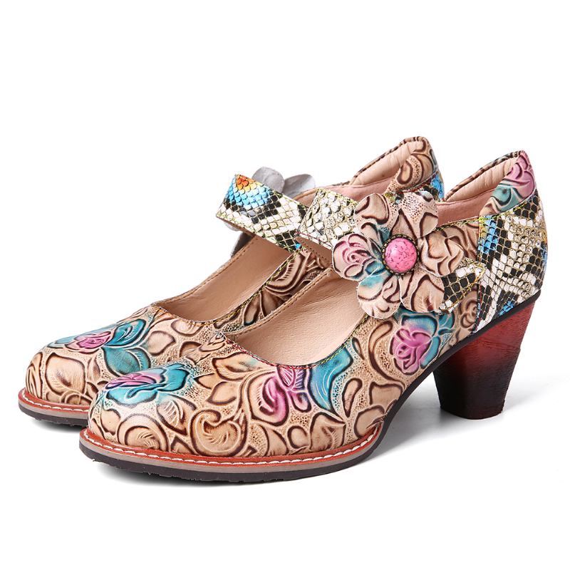 Retro Leather Blomstrete Splicing Snakeskin Runde Toe Chunky Heel Pumps