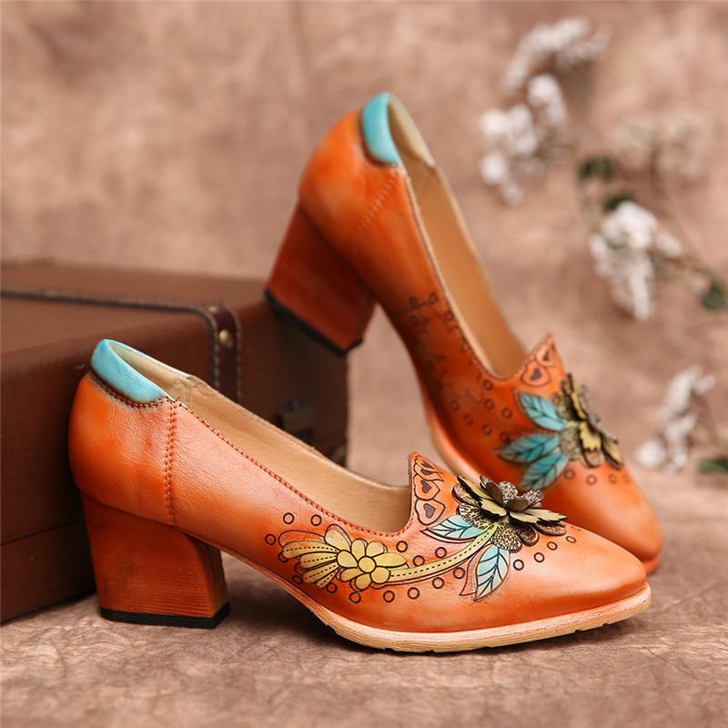 Retro Splicing Blomstrete Leather Slip On Block Heel Pumps Dress Shoes