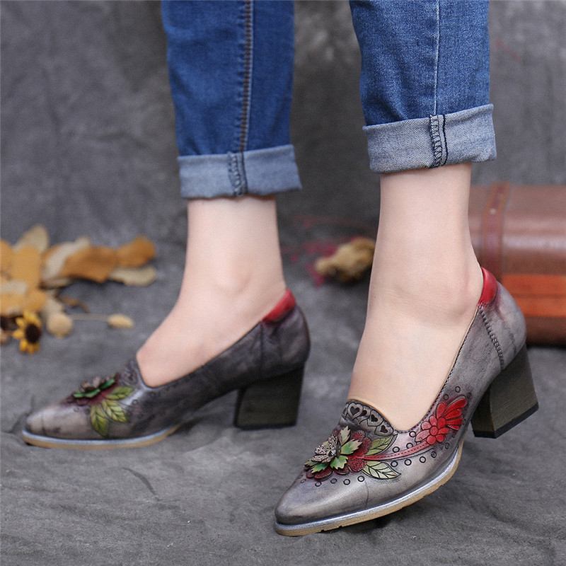 Retro Splicing Blomstrete Leather Slip On Block Heel Pumps Dress Shoes