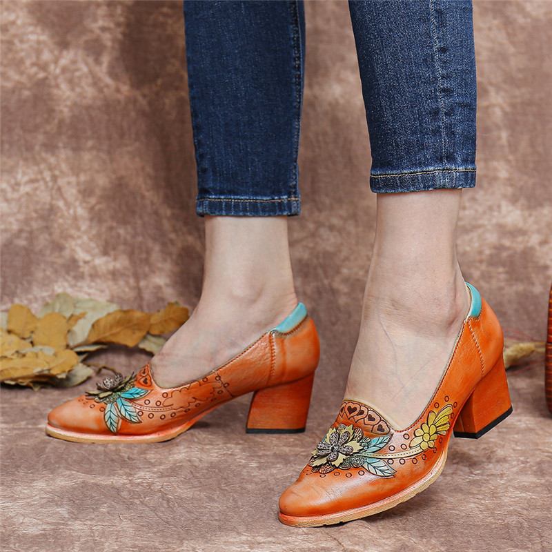 Retro Splicing Blomstrete Leather Slip On Block Heel Pumps Dress Shoes