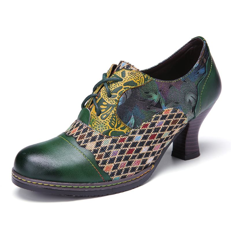 Vintage Leather Blomstrete Plaid Splicing Lace-up Green Chunky Heel Pumps