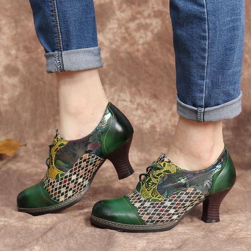 Vintage Leather Blomstrete Plaid Splicing Lace-up Green Chunky Heel Pumps