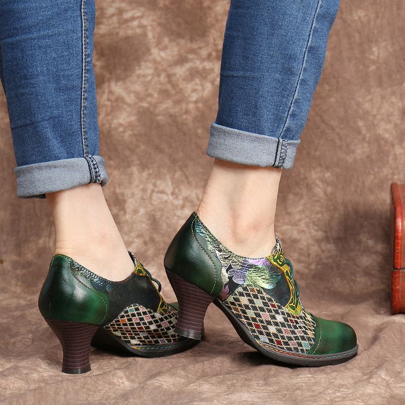 Vintage Leather Blomstrete Plaid Splicing Lace-up Green Chunky Heel Pumps