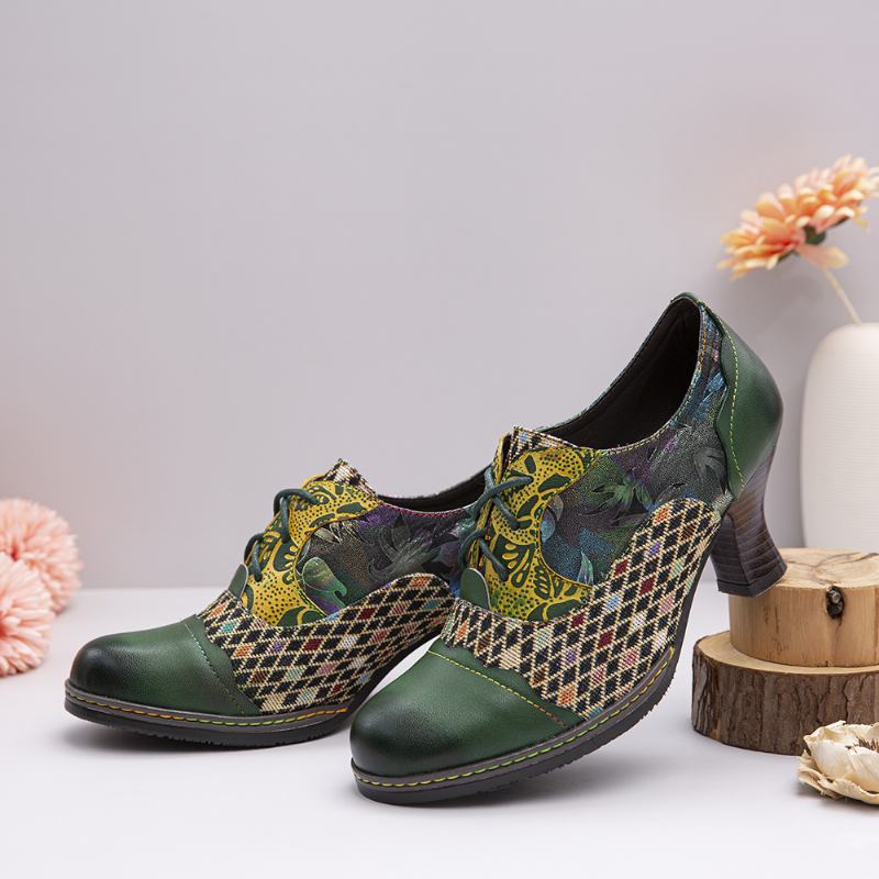 Vintage Leather Blomstrete Plaid Splicing Lace-up Green Chunky Heel Pumps