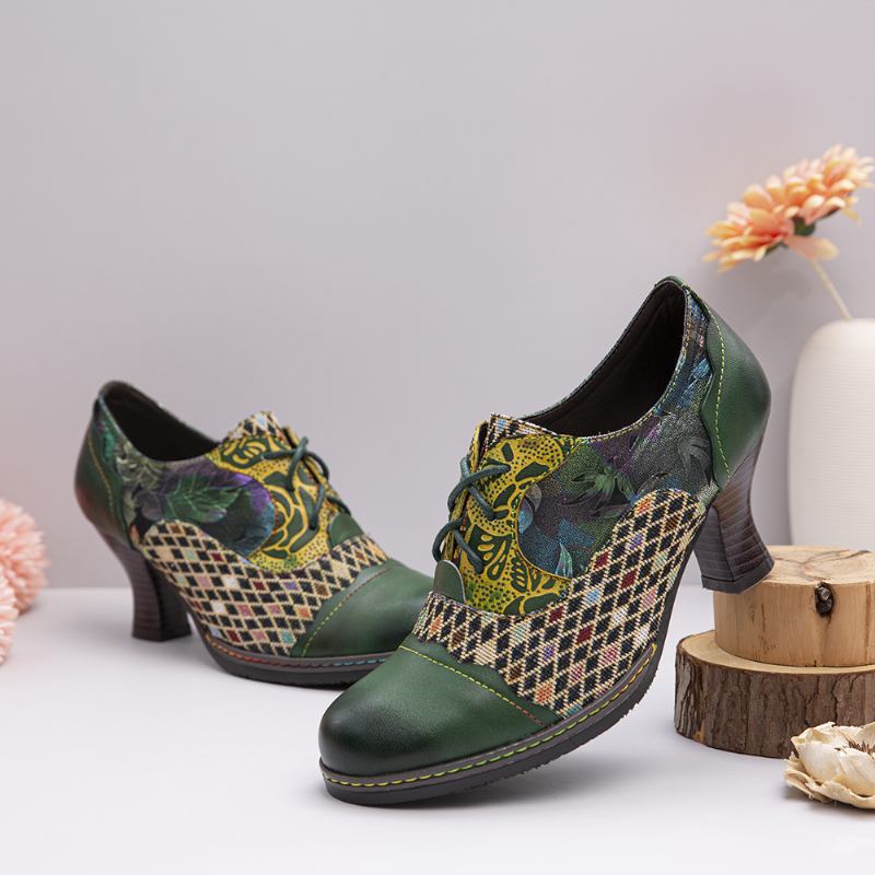 Vintage Leather Blomstrete Plaid Splicing Lace-up Green Chunky Heel Pumps