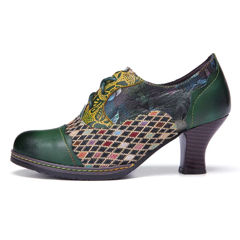 Vintage Leather Blomstrete Plaid Splicing Lace-up Green Chunky Heel Pumps