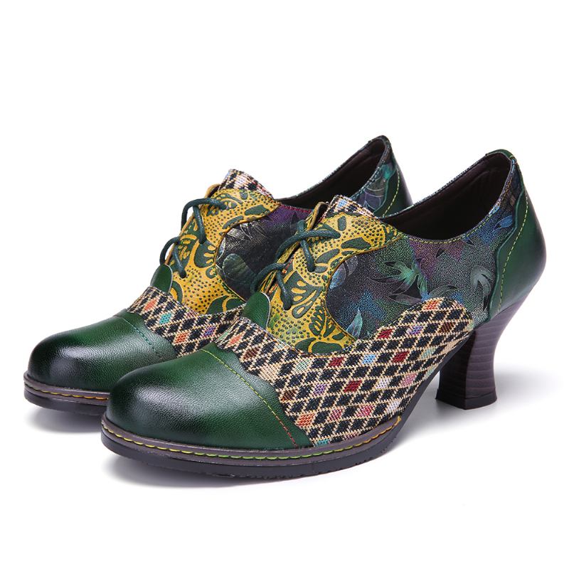 Vintage Leather Blomstrete Plaid Splicing Lace-up Green Chunky Heel Pumps