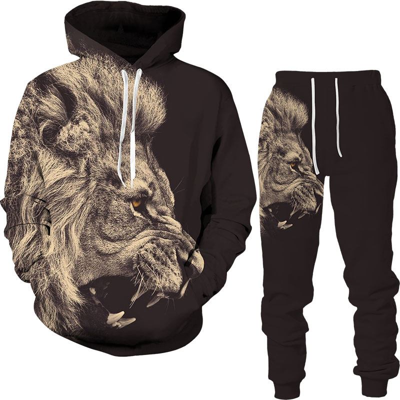 3d Digital Med Trykk Animal Lion Sweatshirt Joggebukse