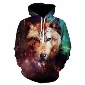 3d Fargerik Wolf Med Trykk Sweatshirt Med Hette