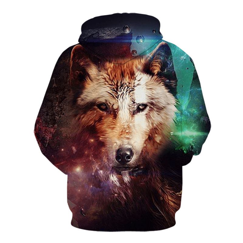 3d Fargerik Wolf Med Trykk Sweatshirt Med Hette