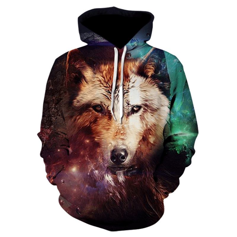 3d Fargerik Wolf Med Trykk Sweatshirt Med Hette