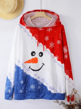 Christmas Dame Colorblock Cute Snowman Med Trykk Hettegensere Med Kengurulomme