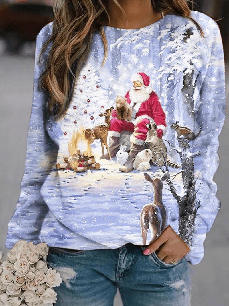 Christmas Dame Santa Med Trykk Pullover Langermet Søte Sweatshirts