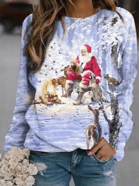 Christmas Dame Santa Med Trykk Pullover Langermet Søte Sweatshirts