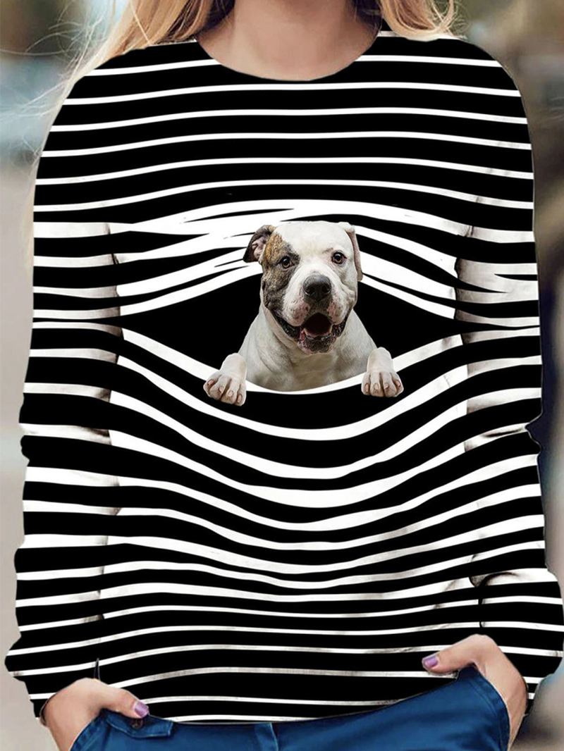 Dame 3d Dog & Stripe Med Trykk O-hals Genser Uformelle Sweatshirts