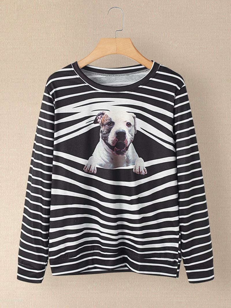 Dame 3d Dog & Stripe Med Trykk O-hals Genser Uformelle Sweatshirts