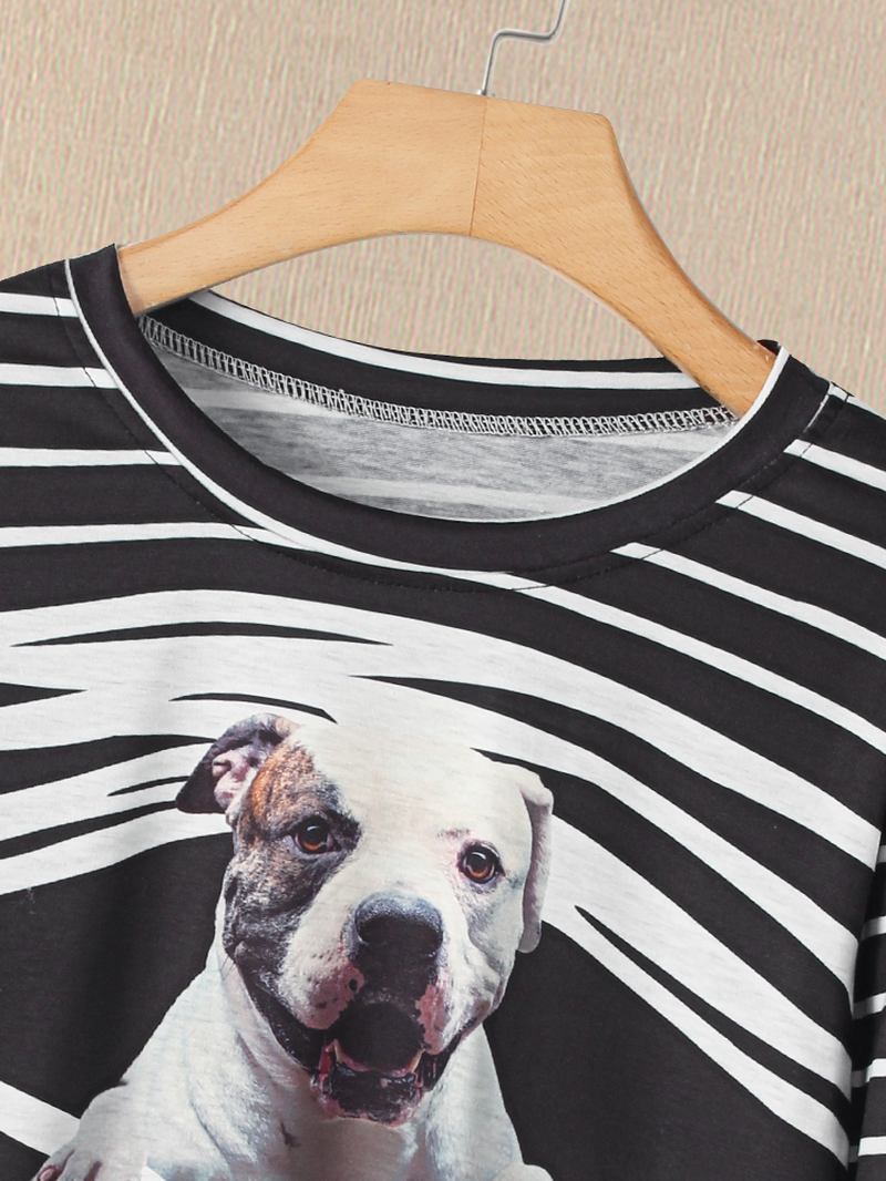 Dame 3d Dog & Stripe Med Trykk O-hals Genser Uformelle Sweatshirts