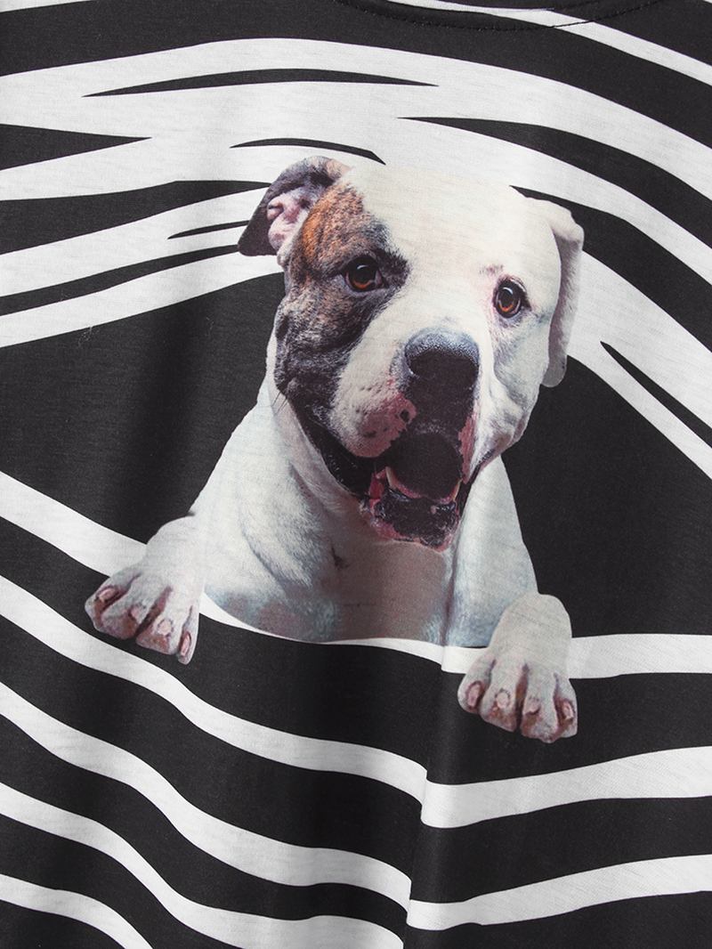 Dame 3d Dog & Stripe Med Trykk O-hals Genser Uformelle Sweatshirts