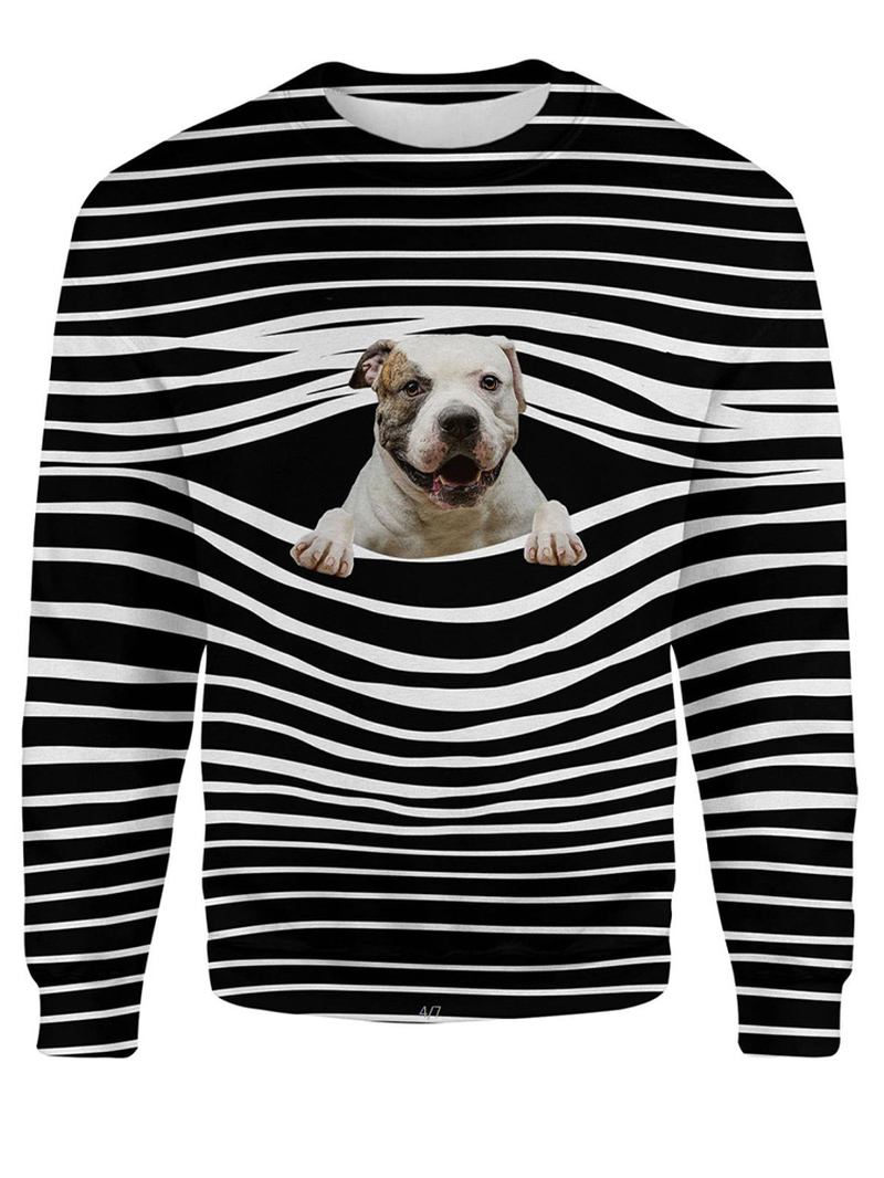 Dame 3d Dog & Stripe Med Trykk O-hals Genser Uformelle Sweatshirts