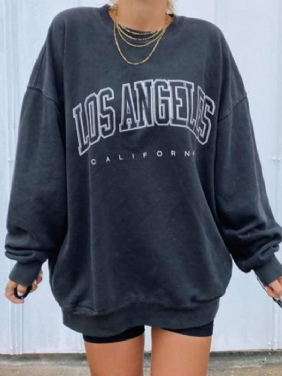 Dame Letter Med Trykk Drop Shoulder Pullover Enkel Navy Sweatshirt