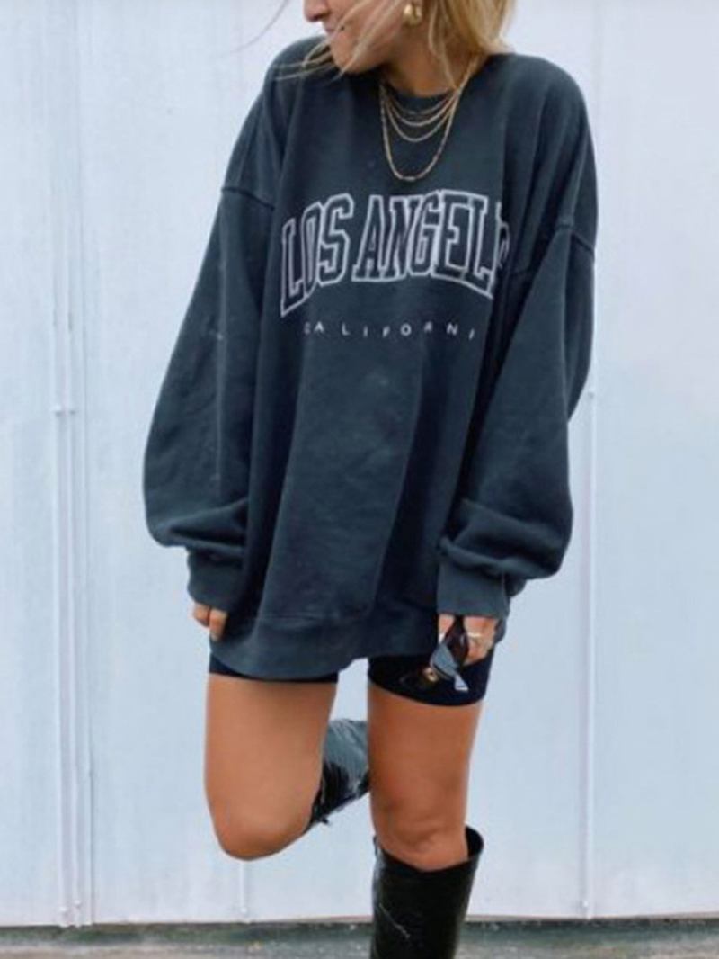 Dame Letter Med Trykk Drop Shoulder Pullover Enkel Navy Sweatshirt