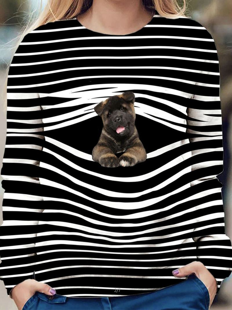 Dame Stripe 3d Dog Med Trykk Pullover O-hals Langermet Fritids Sweatshirts