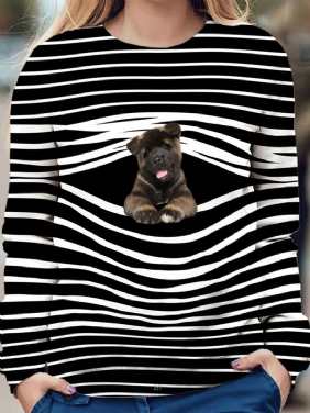 Dame Stripe 3d Dog Med Trykk Pullover O-hals Langermet Fritids Sweatshirts