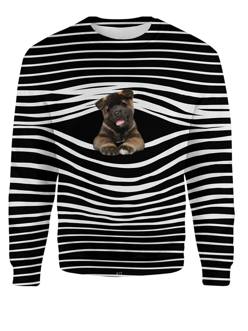 Dame Stripe 3d Dog Med Trykk Pullover O-hals Langermet Fritids Sweatshirts