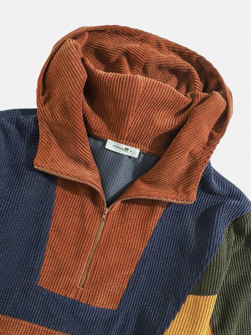 Herre Designer Patchwork Corduroy Pullover-gensere Med Halv Knapp