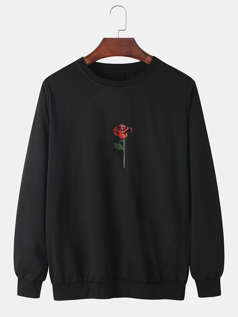 Herre Rose Med Trykk Rundhals Pullover Langermet Simple Cotton Sweatshirts