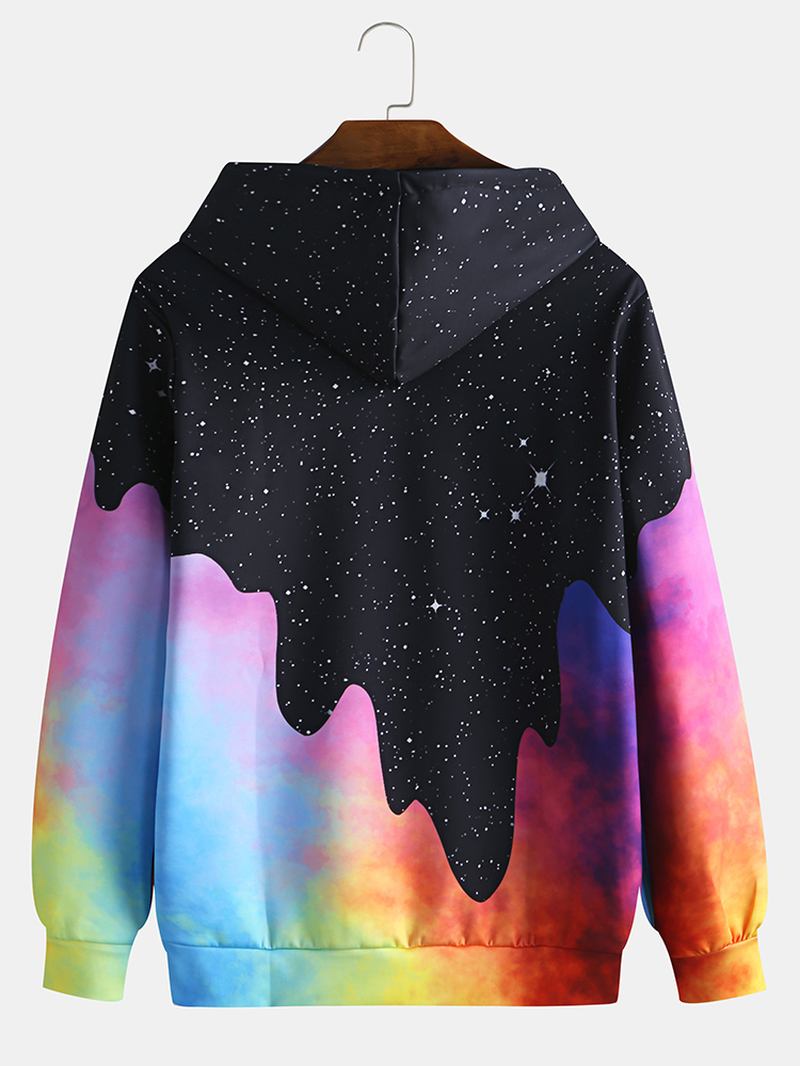 Herre Starry Sky Pattern Tie Dye Kangaroo Pocket Long Sleeve Fritids Hettegensere