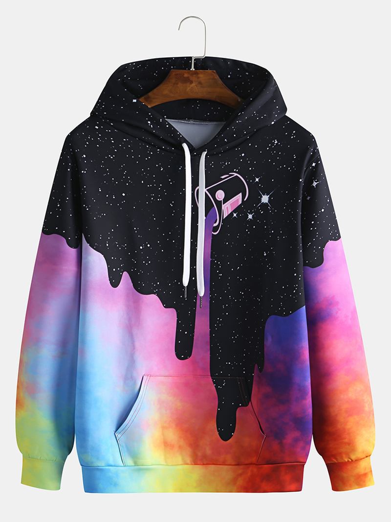 Herre Starry Sky Pattern Tie Dye Kangaroo Pocket Long Sleeve Fritids Hettegensere