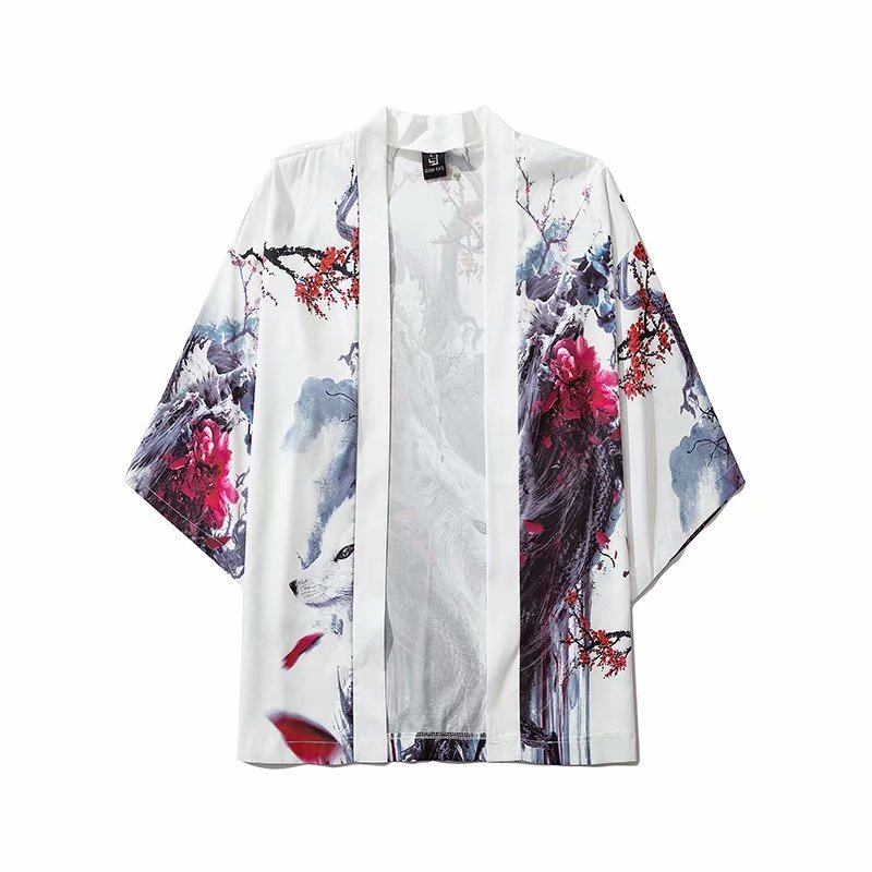 Kilde Japansk Ukiyo-e Road Robe Kimono Trekvartsermet Løs Uknappet Trendy Kappeskjortejakke