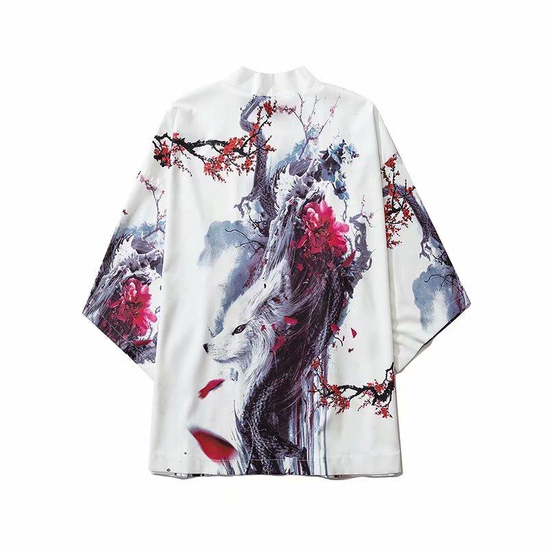 Kilde Japansk Ukiyo-e Road Robe Kimono Trekvartsermet Løs Uknappet Trendy Kappeskjortejakke