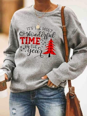 Kvinner Christmas Letter Med Trykk O-neck Drop Shoulder Løs Pullover Sweatshirts