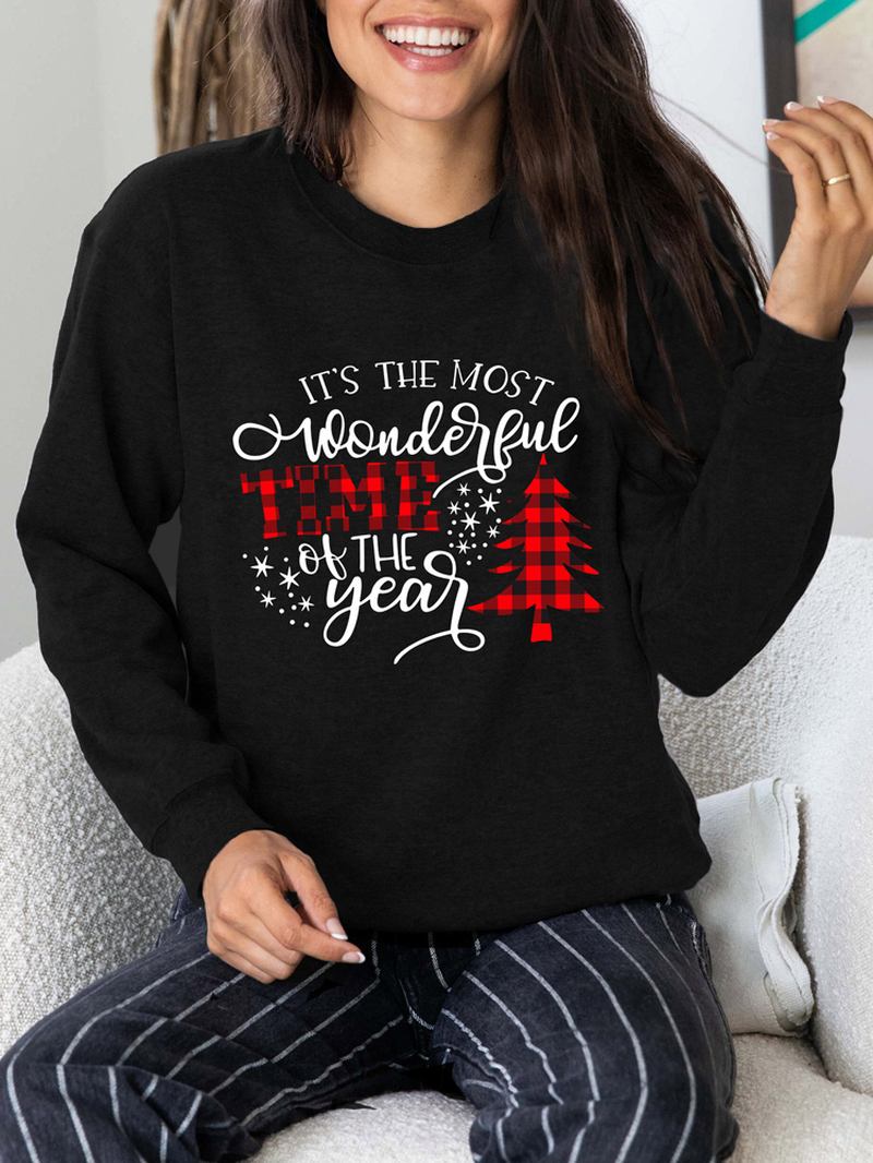 Kvinner Christmas Letter Med Trykk O-neck Drop Shoulder Løs Pullover Sweatshirts