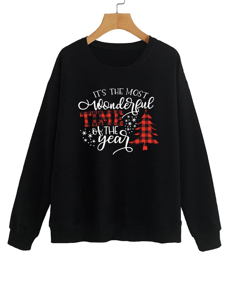 Kvinner Christmas Letter Med Trykk O-neck Drop Shoulder Løs Pullover Sweatshirts