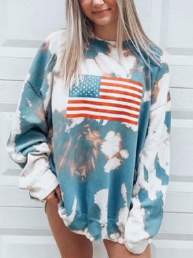 Kvinner Flag Med Trykk Tie Dye Pullover Løse Langermede Gensere