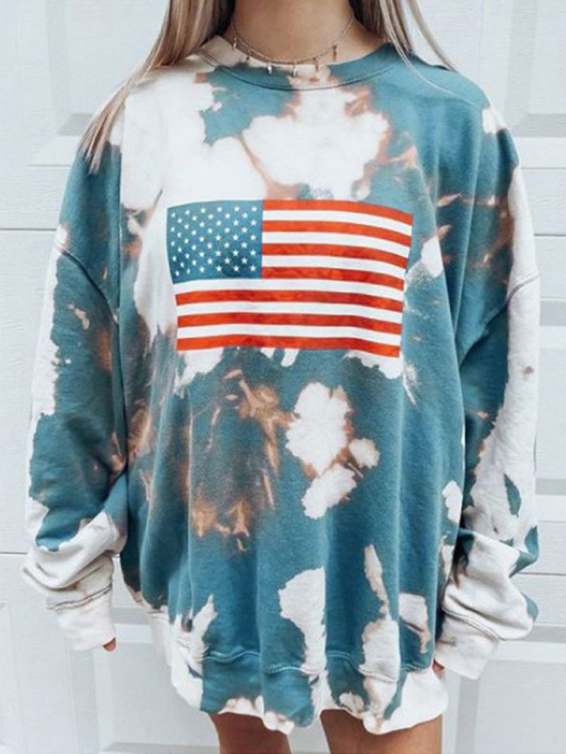 Kvinner Flag Med Trykk Tie Dye Pullover Løse Langermede Gensere