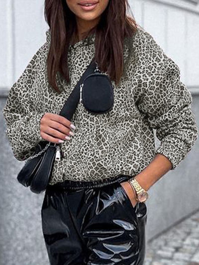 Kvinner Leopard Trykt Front Pocket Full Sleeve Hettekrage Uformell Genser