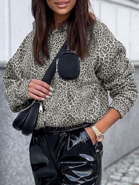 Kvinner Leopard Trykt Front Pocket Full Sleeve Hettekrage Uformell Genser