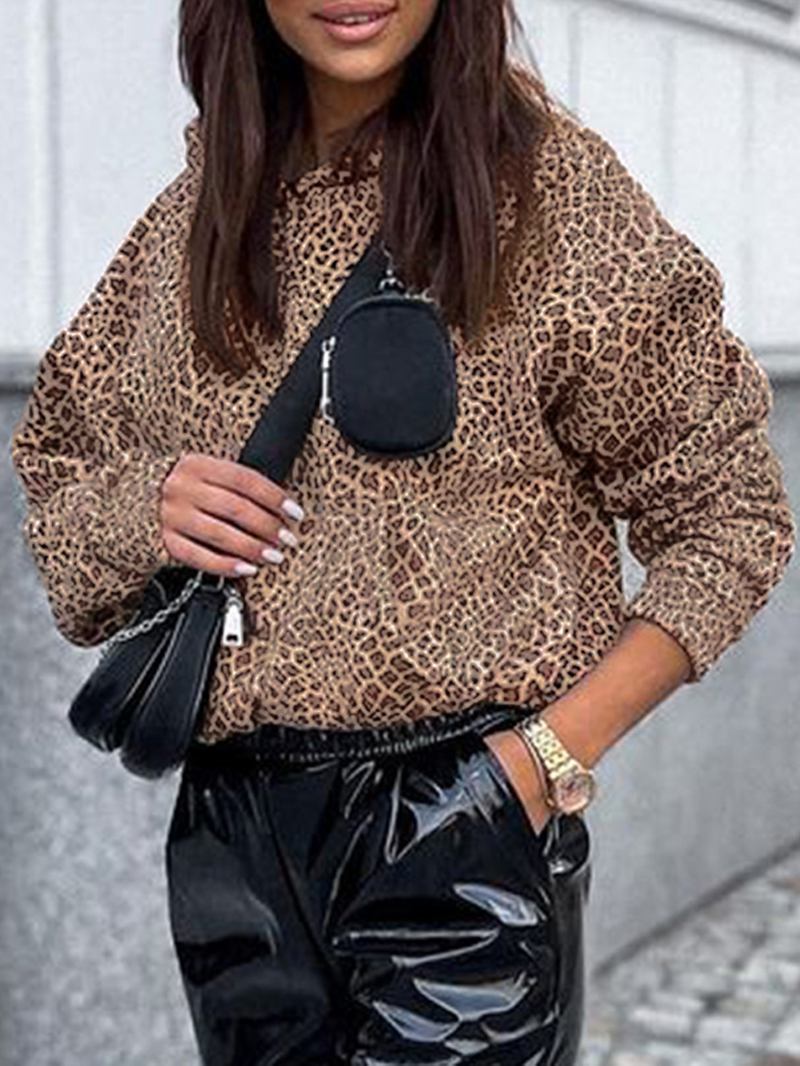 Kvinner Leopard Trykt Front Pocket Full Sleeve Hettekrage Uformell Genser