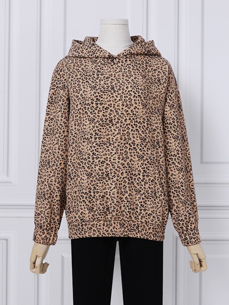 Kvinner Leopard Trykt Front Pocket Full Sleeve Hettekrage Uformell Genser