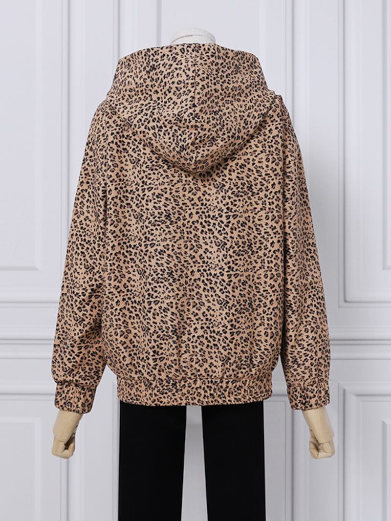 Kvinner Leopard Trykt Front Pocket Full Sleeve Hettekrage Uformell Genser