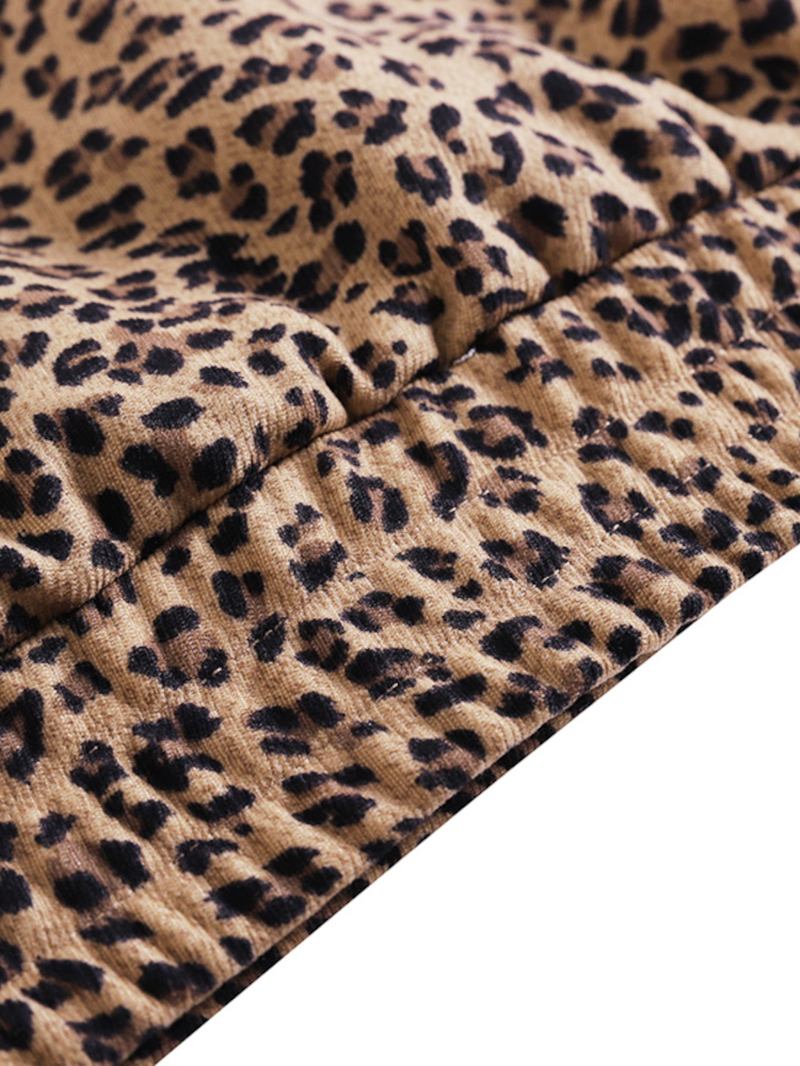 Kvinner Leopard Trykt Front Pocket Full Sleeve Hettekrage Uformell Genser