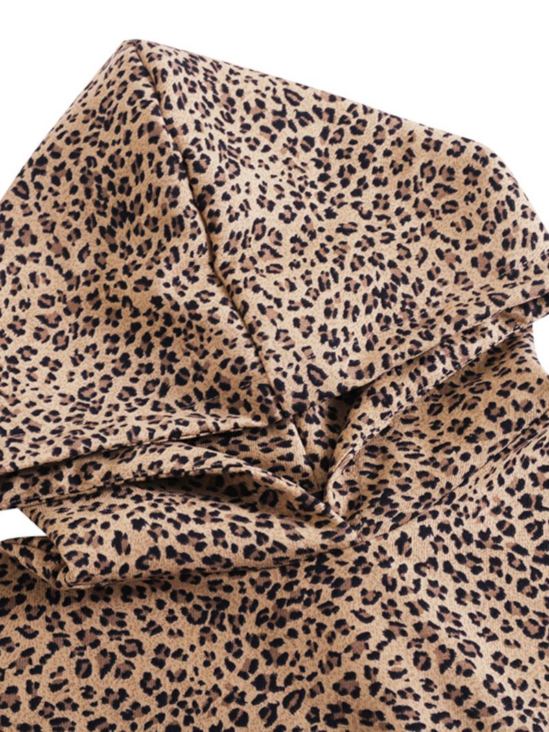 Kvinner Leopard Trykt Front Pocket Full Sleeve Hettekrage Uformell Genser