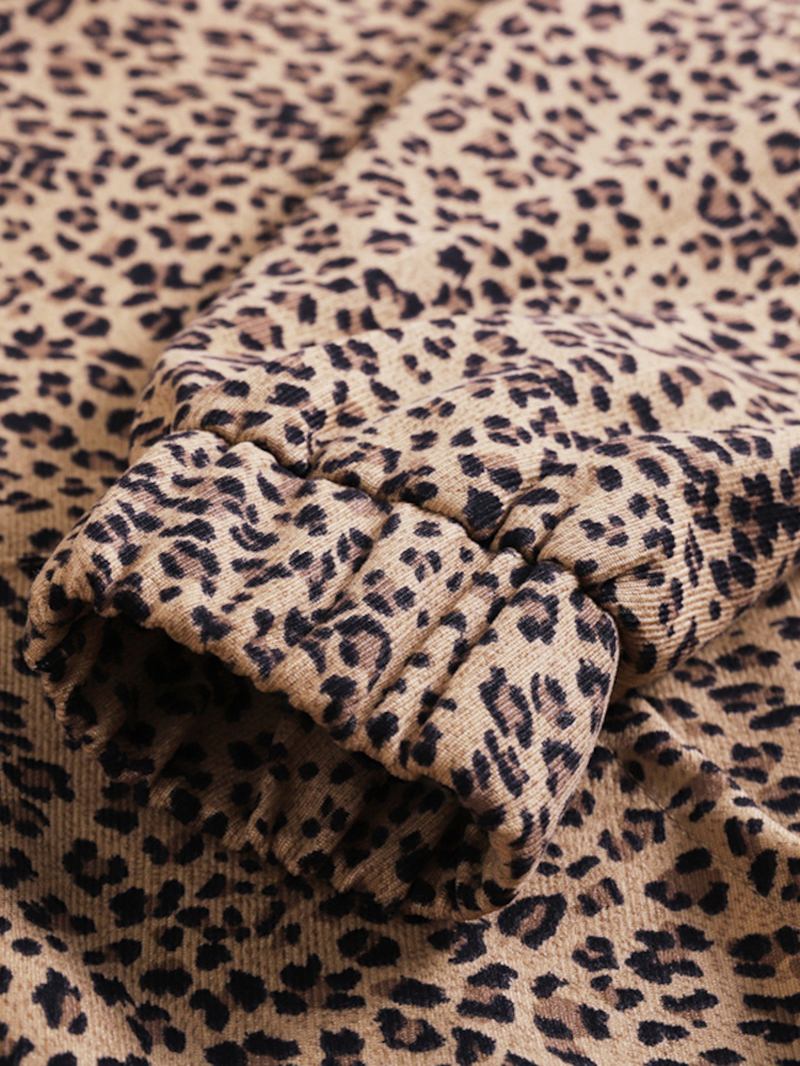 Kvinner Leopard Trykt Front Pocket Full Sleeve Hettekrage Uformell Genser